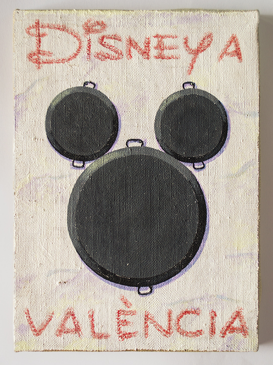Disney a València. Pintura de Joán Verdú en laque tres paellas forman la siueta de Mickey Mouse